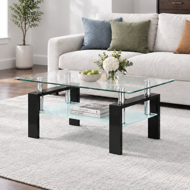 Table basse moderne en verre de 94,4 cm (37,2 po), plateau en verre trempé épais, rangement à 2 niveaux et structure en métal