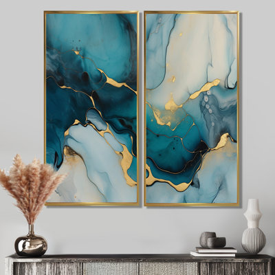 Turquoise doré infusé marbre IV - grandes fractales murales 2 panneaux