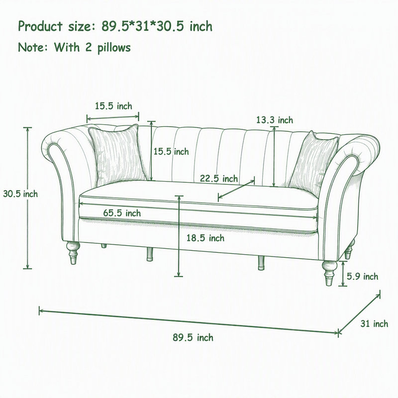 Canapé 3 places en velours de 227 cm (89,5 po) avec dossier capitonné et structure en bois massif, Velours noir
