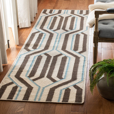 Dhurries Hand Woven Flat Weave Wool/Cotton Geometric Rug in Brown/Beige/Cream