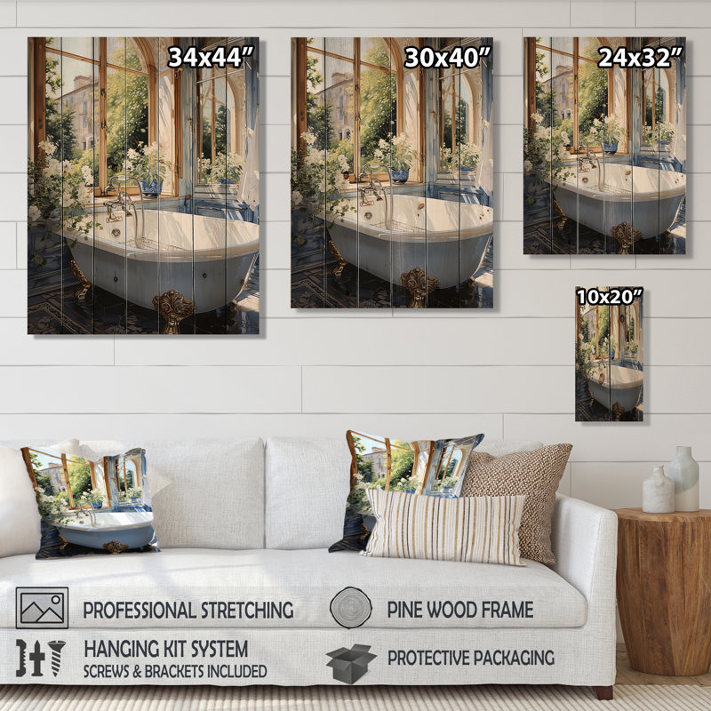 Bathroom Tranquil Reflections V - Impression de salle de bain sur bois de pin naturel, H 20 po x l 10 po x P 0,78 po