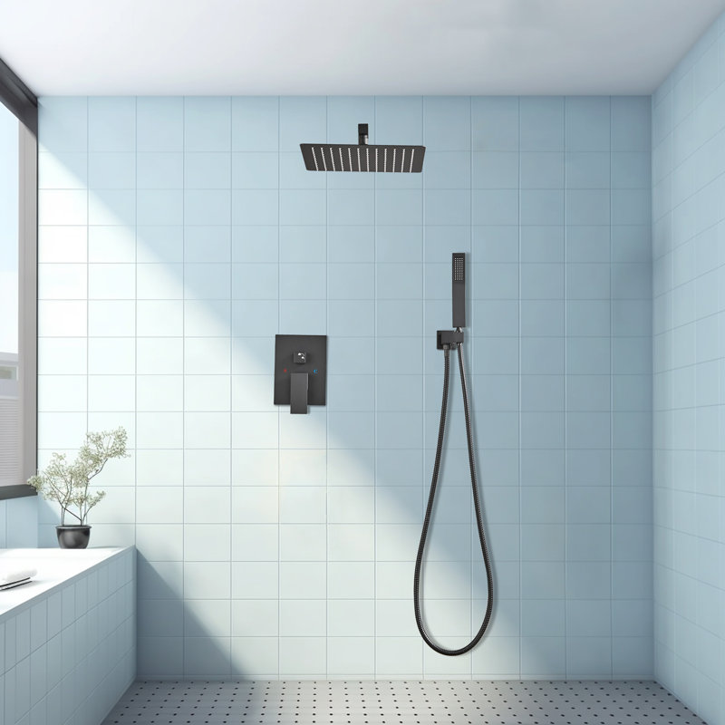 12" Rainfall Shower Head Complete Shower System with Rough-in Valve, Black