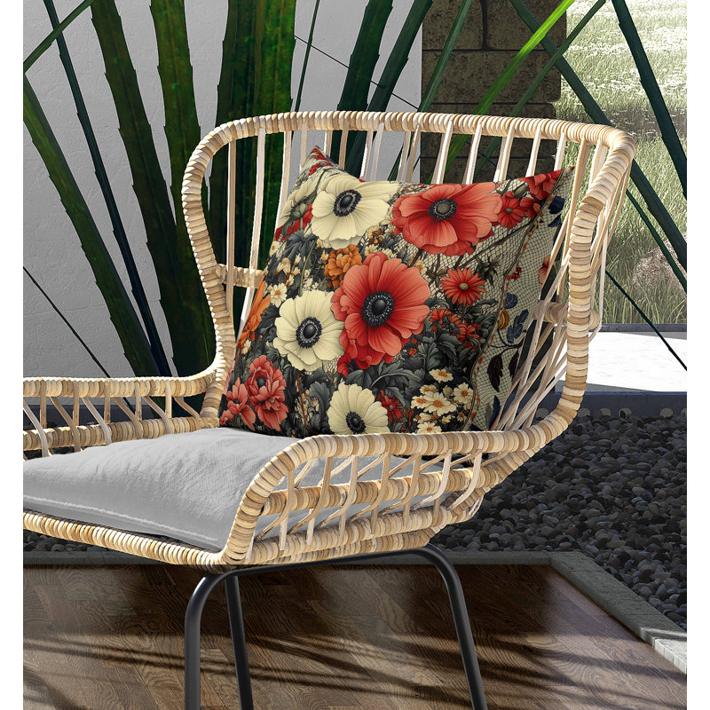 Floral Array Indoor/Outdoor Pillow, Square 18", Red/Beige/Orange
