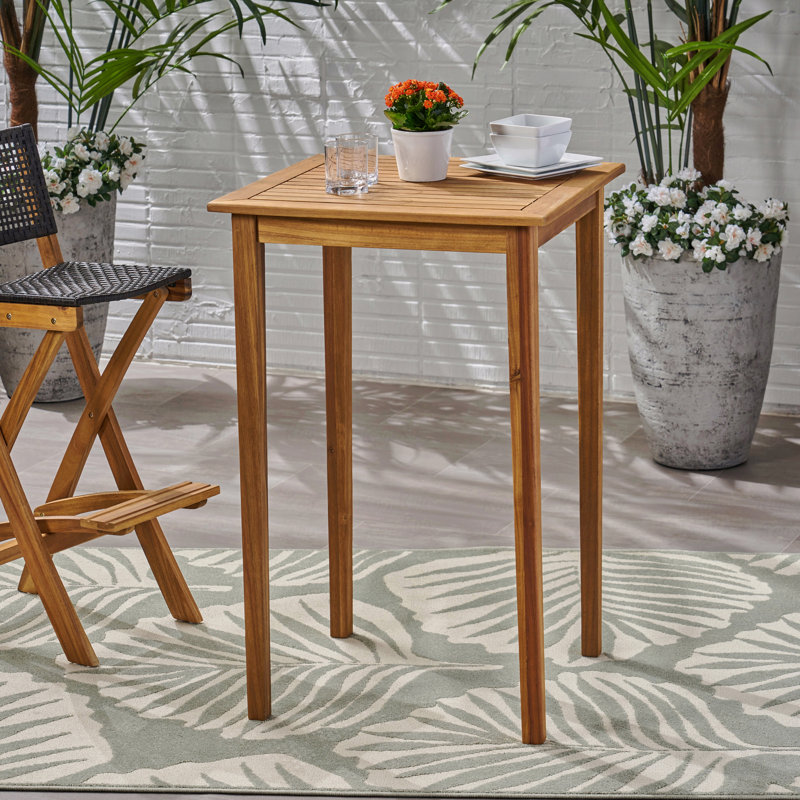 Outdoor Minimalist Acacia Wood Square Patio Bar Table, Teak