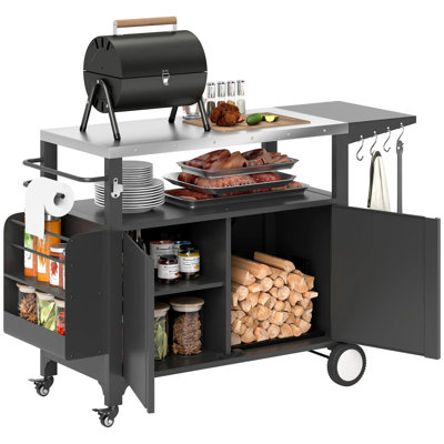 Outdoor Grill Cart With Stainless Steel Tabletop, Movable Pizza Oven Prep Table With Tool Hooks, Side Handle & Lockable Swivel Wheels, Patio Backyard Outdoor Cooking