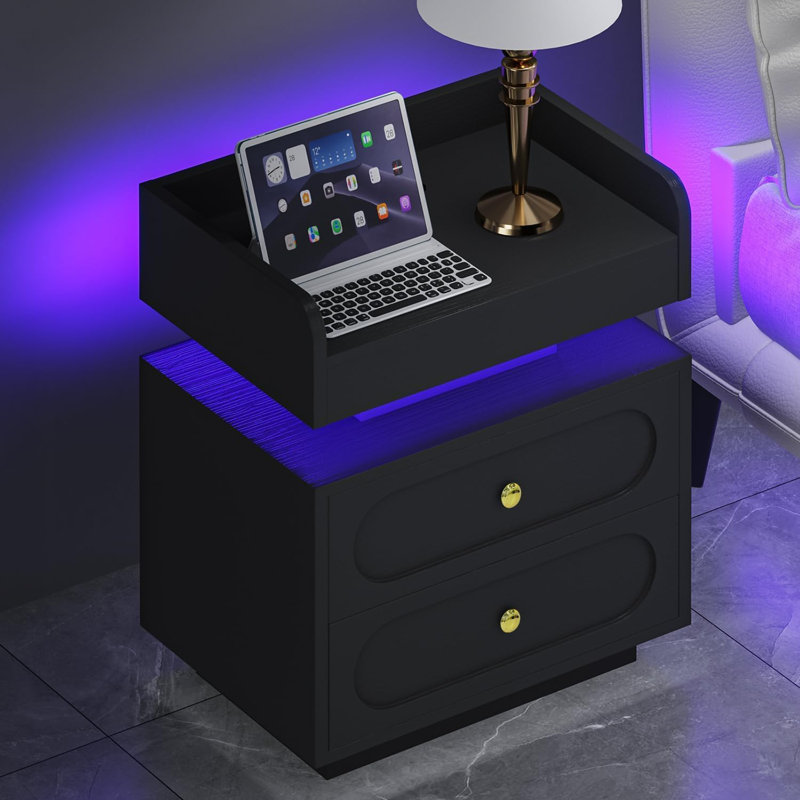 Nightstand with Charging Station LED Lights, Modern Led End Table for Bedroom 2 set, Black, Set of 2