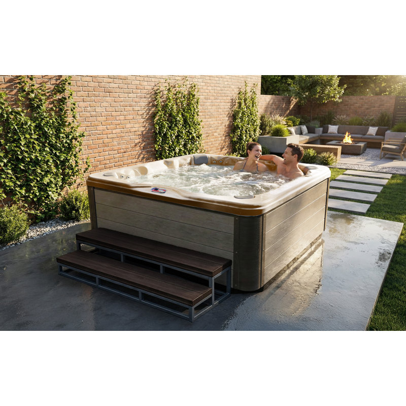 Spa standard pour 7 personnes à 56 jets avec système de son et cascade à DEL American Spas, Chêne argenté, Champagne
