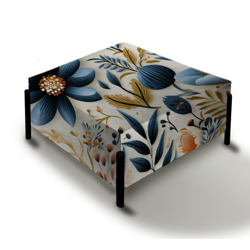Vintage Blue And Orange Floral Pattern - Floral Large Square Ottoman