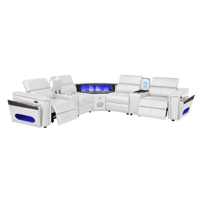 Nova Modern Style Sectional With  2 Consoles (Reading Light + Fridge), Wedge With Bluetooth Speaker, LED And Lifting Wine Cabinet  White
