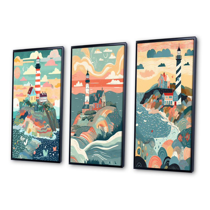«Coastal Guiding Light», 3 pièces sur toile, Cadre flottant noir, H 28 po x l 36 po