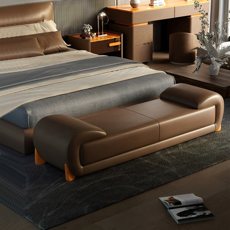 Banc rembourré en cuir véritable Sharella, H 17,71 po x l 59,05 po x P 19,68 po, Café