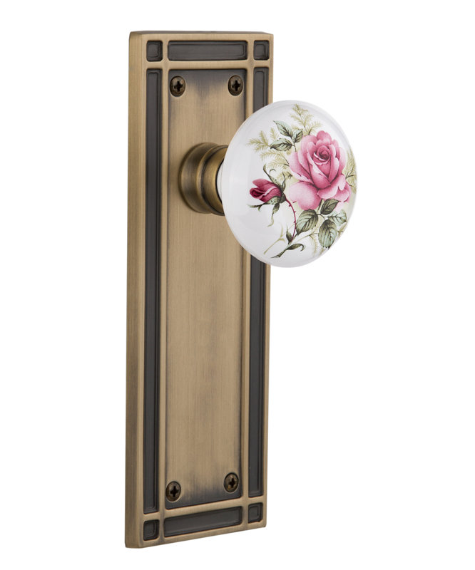 Plaque de mission avec bouton de porte en porcelaine rose, 2-3/4", Laiton antique