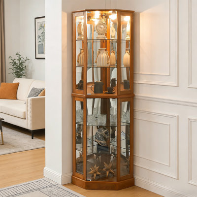 Corner China Cabinet with Adjustable Glass Shelves and Mirror Back