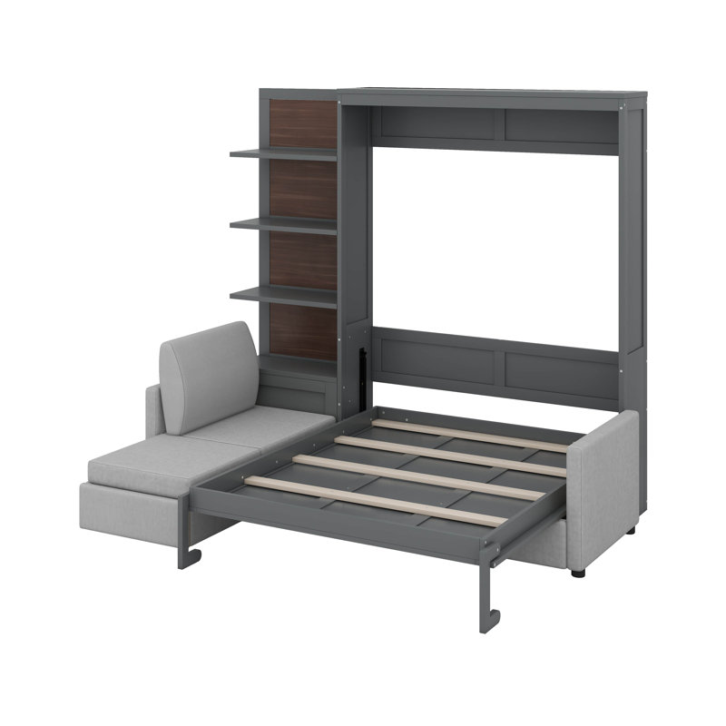 Grand lit escamotable avec canapé et tablettes, Gris