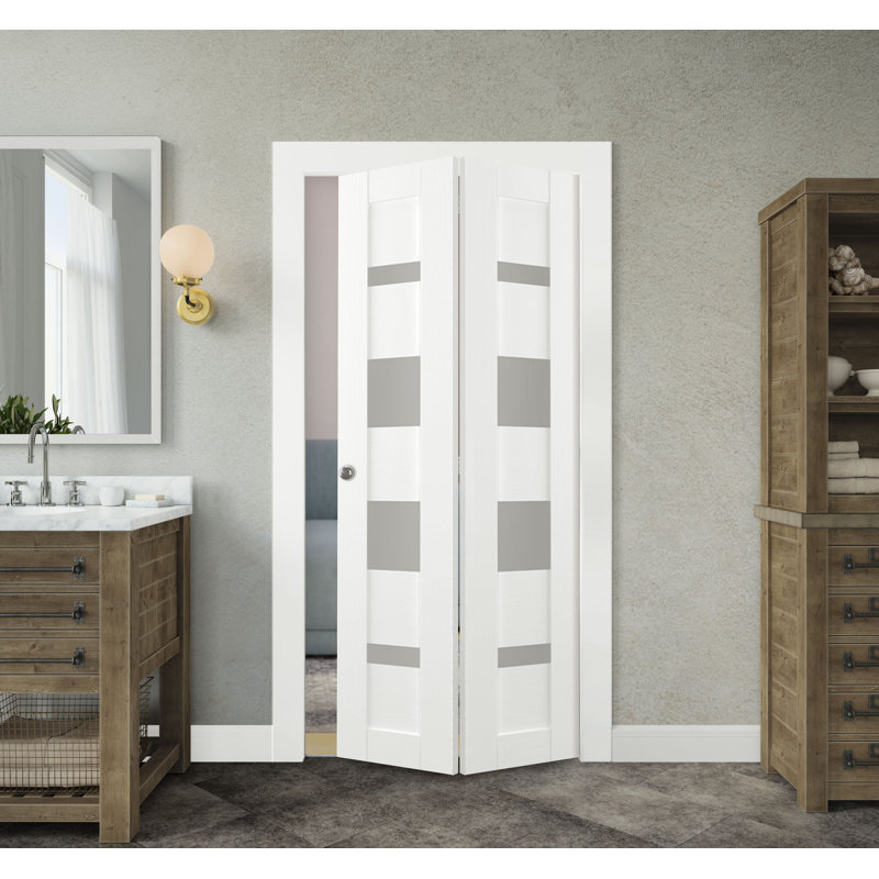 Porte pliante en bois et verre Mirella avec trousse de quincaillerie d'installation, Blanc, 48 po x 79,38 po