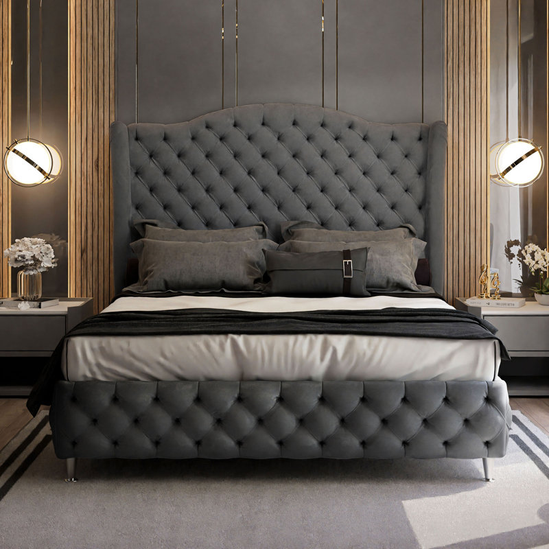 Blaile Upholstered Bed, 200 x 200cm, Dark Grey