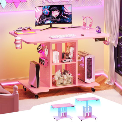 Bureau pour travailler debout électrique réglable en hauteur avec 3 préréglages de mémoire, bureau de jeu de 31,5 po avec multiprise, USB, lumières RVB, tablettes de rangement et panneau perforé, rose