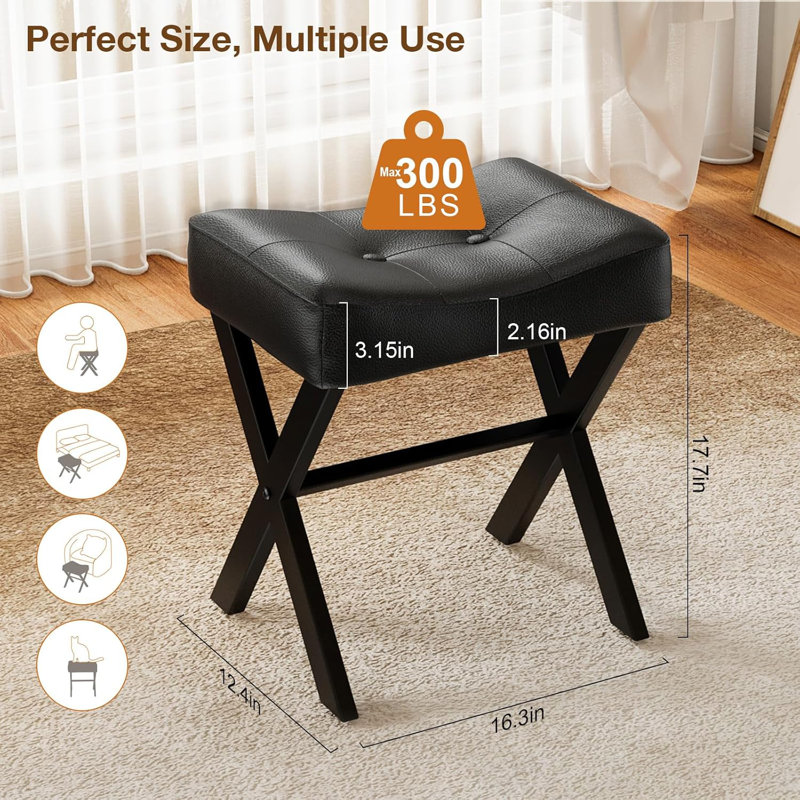 Tabouret de coiffeuse 18 po en cuir avec pieds en X en métal noir