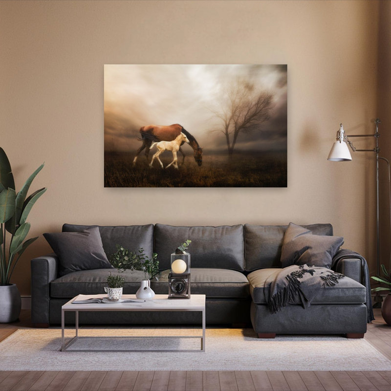 Dreamy Mare And Foal Dramatic Dreamy Ethereal Horse Landscape Nature Wall Art Print 1 Piece Wrapped Canvas Wall Art