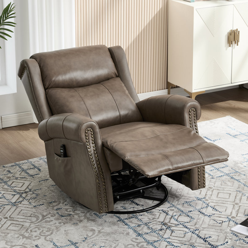 34.8"w Genuine Leather Manual Swivel Rocker Recliner Vintage Recliner With Heated Massage（set Of 2）, Gray Brown