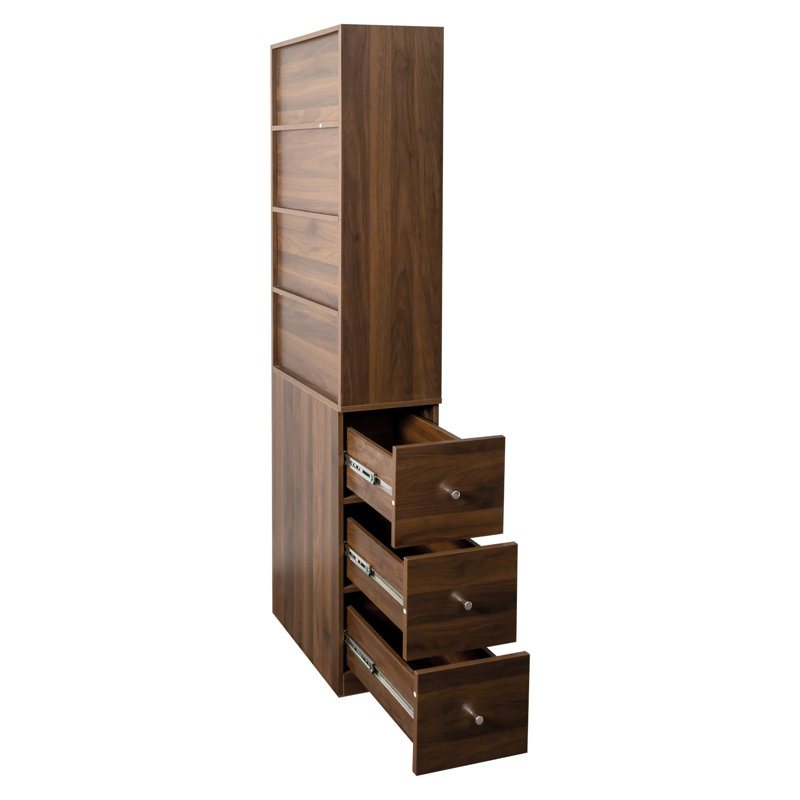 Rangement de présentation moderne à 4 tiroirs et 3 tiroirs latéraux 69,74 po H, finition noyer, armoire de bureau avec tablette 19,88 po de profondeur, panneau arrière, largeur 11,96 po