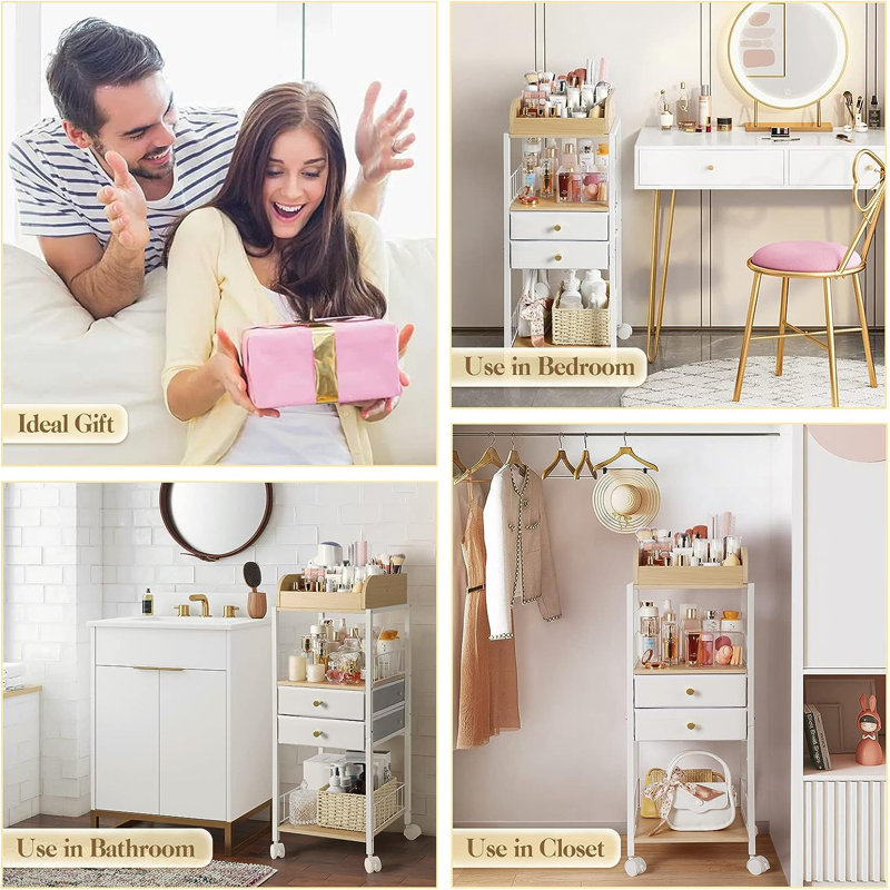 White and Wood Floor Makeup Organizer with Drawers