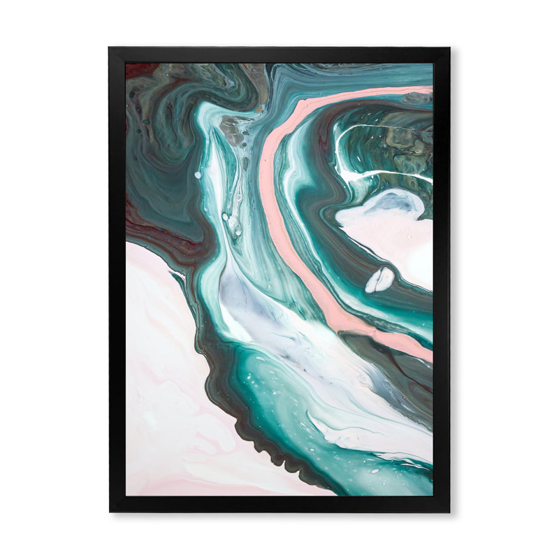 Rose et bleu clair univers de marbre - peinture sur toile, H 32 po x l 24 po, Toile avec cadre de coin noir fermé