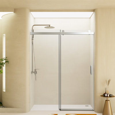 56-60"w X 76"h Frameless Single Sliding Shower Door With Soft-close, 3/8" (10mm) Tempered Glass, Reversible Installation, Waterproof Design,chrome Finish