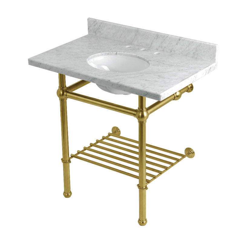 Kingston Brass Templeton 36-Inch Carrara Marble Console Sink with Brass Legs and Shelf (8-Inch, 3-Hole)