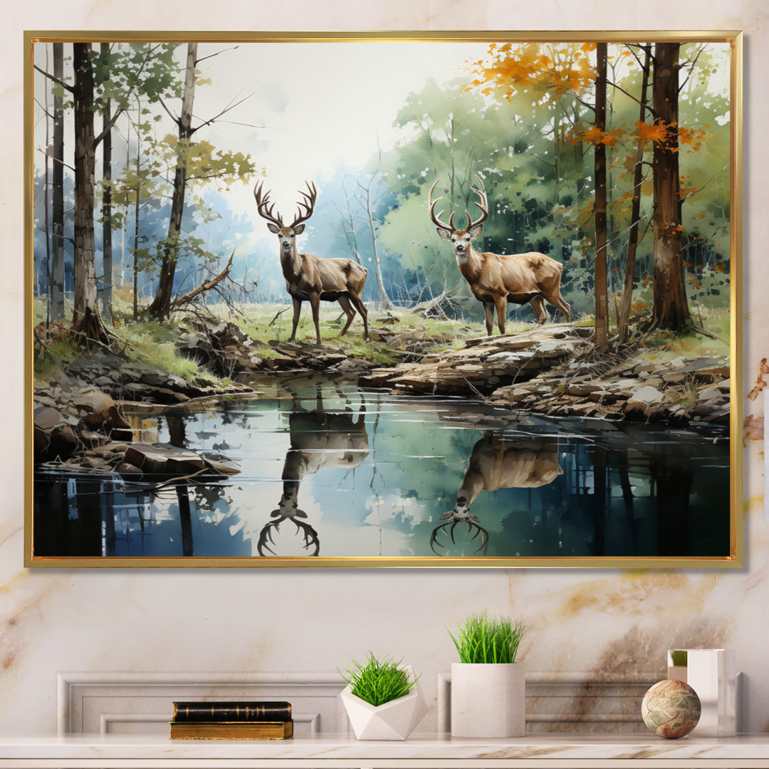 Deer Majestic Reflections - Deer Framed Canvas Print Wall Art Millwood Pines 