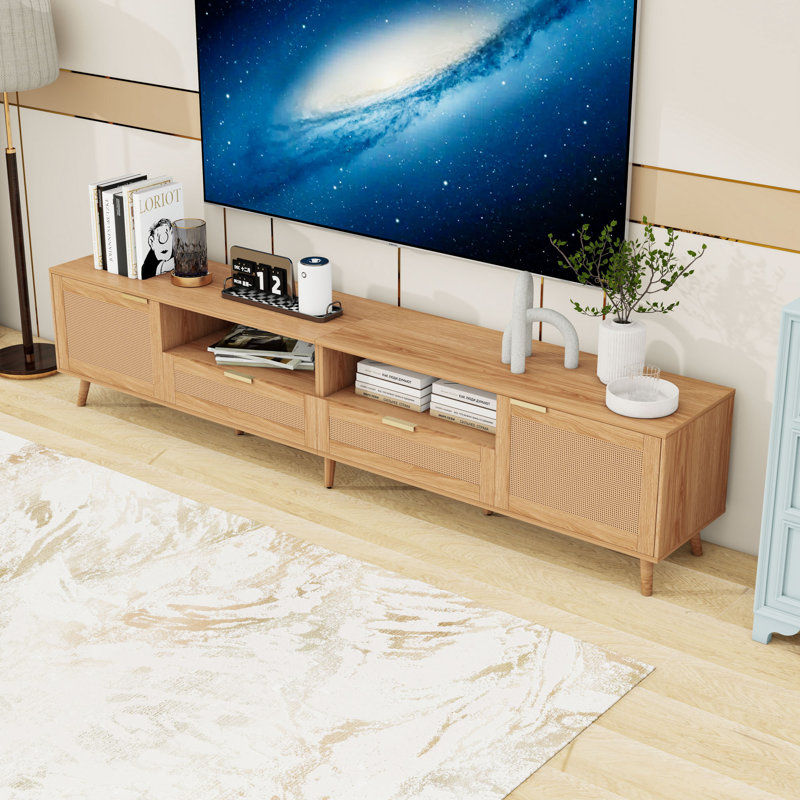 Meuble télé en rotin avec pieds en pin robustes, tiroirs, armoires et tablettes ouvertes
