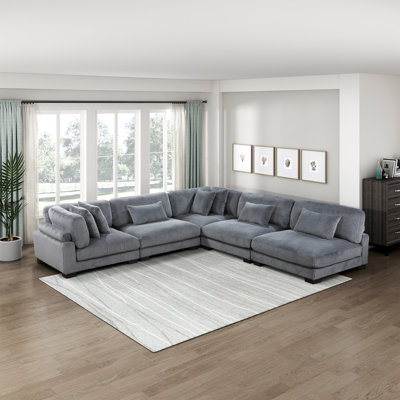 Brinsley 135" Modern Modular Sectional with Corduroy Fabric, Adjustable Backrest & 7 Pillows by Latitude Run