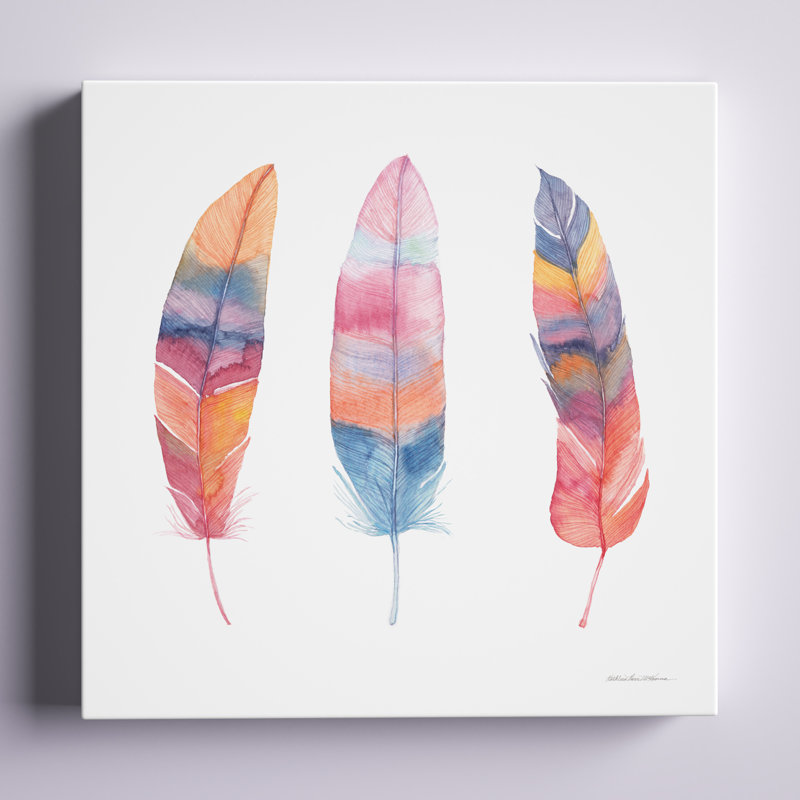 «Boho Feathers I» par Kathleen Parr McKenna - peinture sur toile tendue, H 12 po x l 12 po