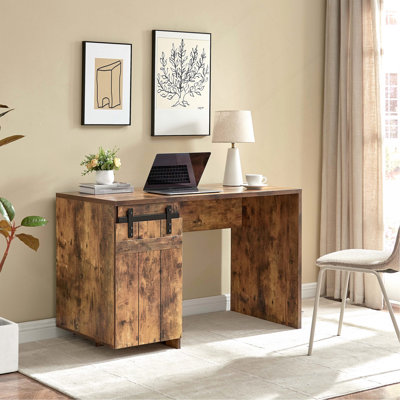 Home Office Desk Distressed Wood One Cabinet Three Shelves Faux Barn Door On Metal Euro Hinges Modesty Panel