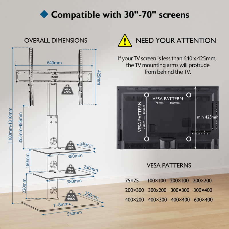 1Home Single Screen Floor Stand Mount, White