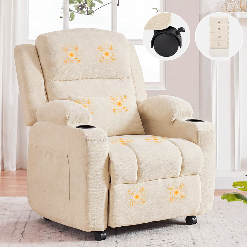Modern Upholstered Chenille Fabric Electric Power Recliner with Massage, 360 Degree Swivel Sofa Seat with Drink Holder, Beige