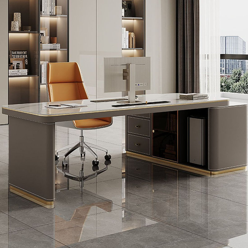 Bureau de direction gris en L en pierre frittée avec tiroirs, H 29,53 po x l 62,99 po x P 55,12 po, Retour à gauche