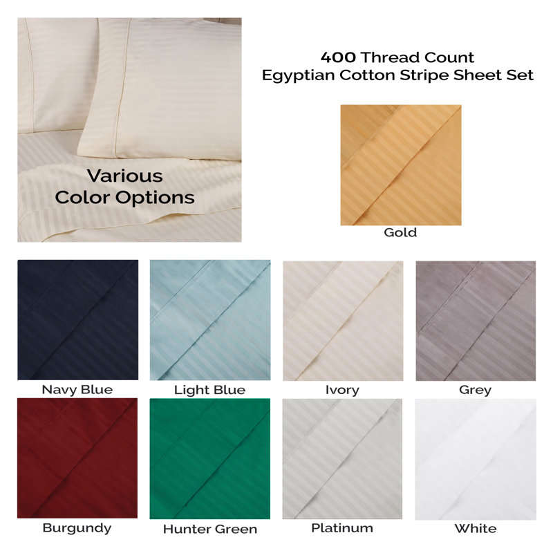 White Full Egyptian Cotton Deep Pocket Striped Sheet Set