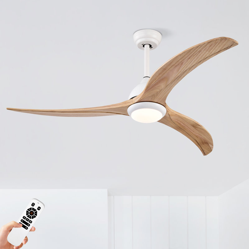 Ventilateur de plafond en bois massif 52 po avec lumières DEL, Blanc avec pales en chêne