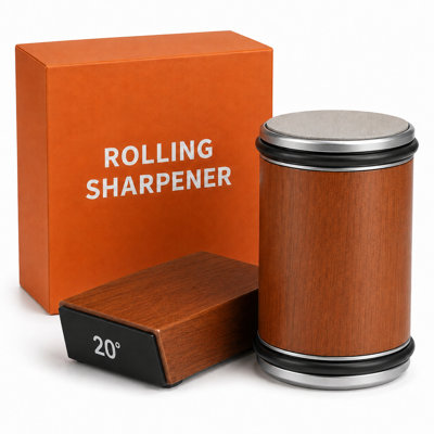 Knife Sharpener Tool, Rolling Knife Sharpener Kit with Diamond and Ceramic Discs, Kitchen Knife Sharpener with 15° & 20° Magnetic Angle Guide, Brown