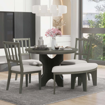 Table de salle à manger 5 pièces avec 3 chaises rembourrées et banc courbé