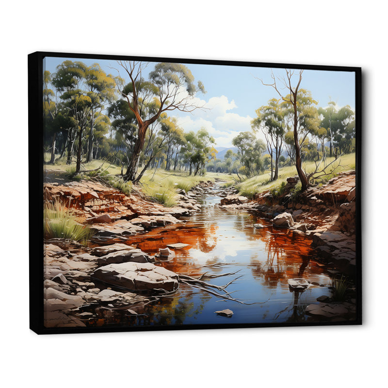 Aquarelle, rivière en Afrique, sur toile, H 16 po x l 32 po x P 1 po, Cadre flottant noir