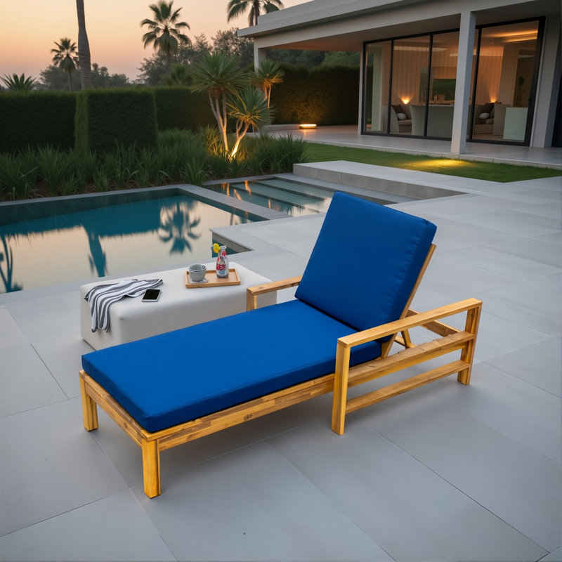 Modern Acacia Wood Outdoor Chaise Lounge With Adjustable Backrest And Deep Cushions, Patio Sunbathing Recliner Chair, Blue