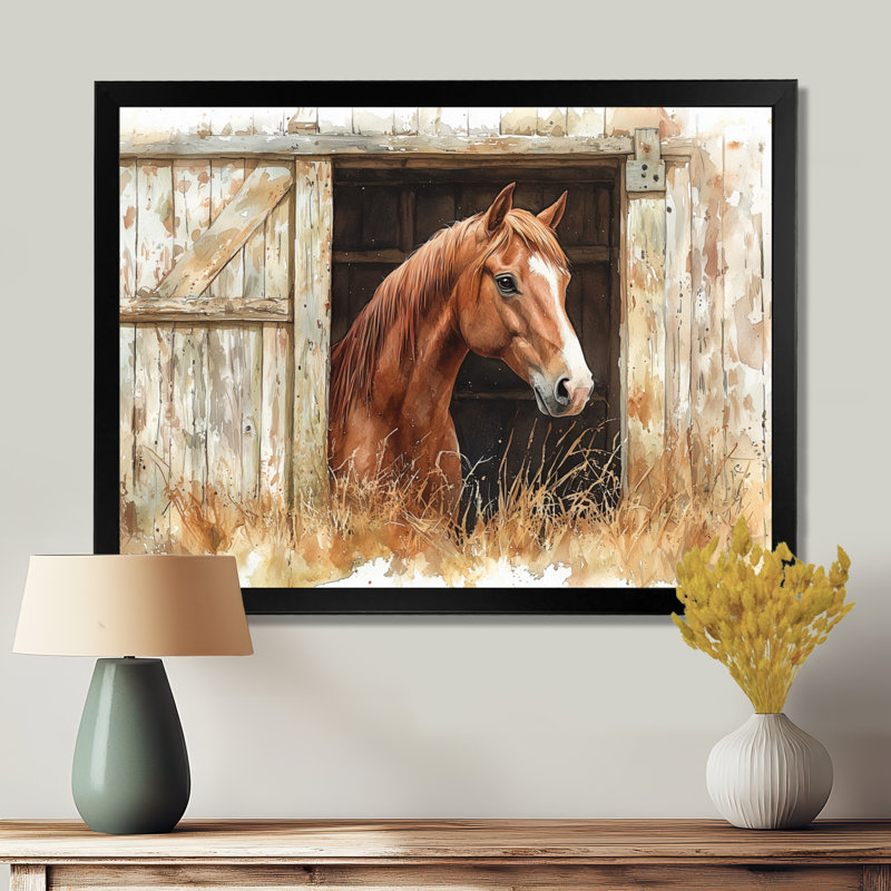 Portrait de cheval à la grange III - art mural sur toile, H 12 po x l 20 po, Impression sur cadre flottant, Noir