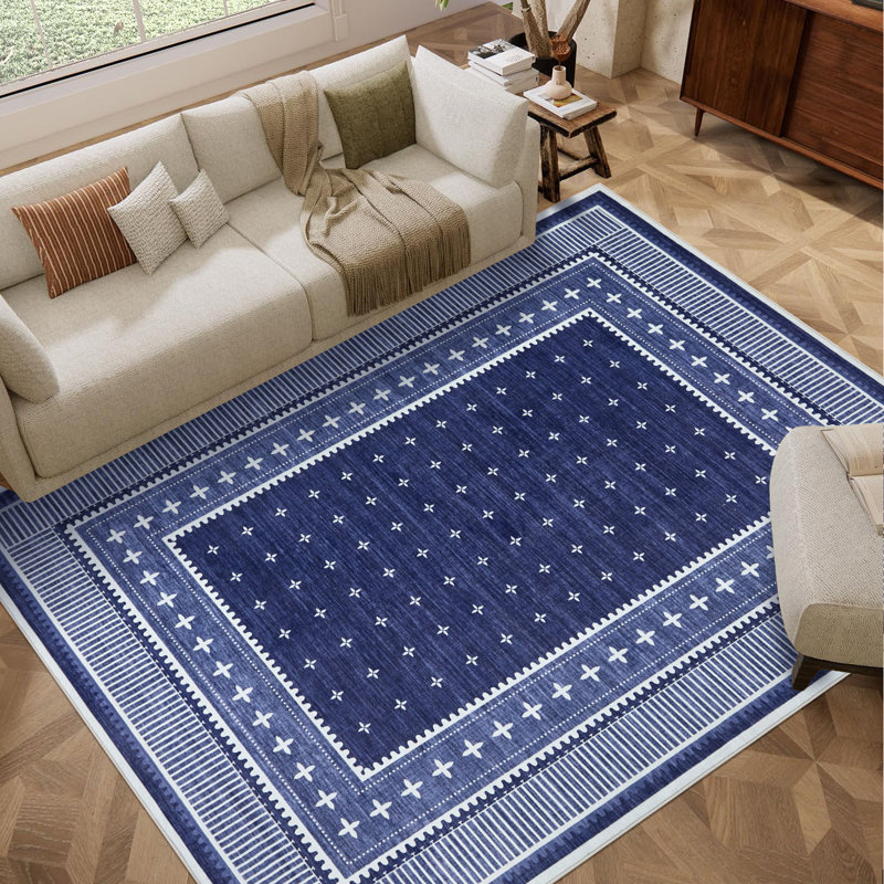 Tapis moderne lavable à la machine, Bleu, 5 x 7 pi