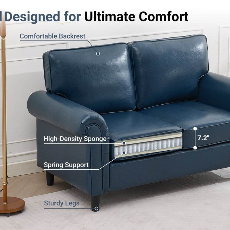 Luelle 61" Upholstered Loveseat Faux Leather Sofa Rolled Arm, Navy