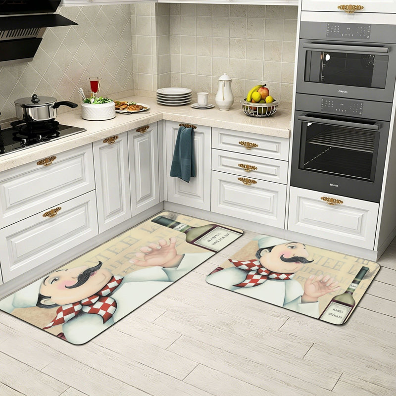 Caricature de chef, Illustration de vin, ensemble de 2 tapis de cuisine rétro, salle de lavage intérieure