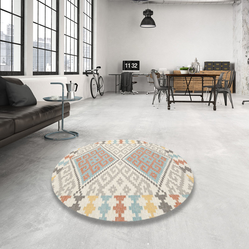 Tapis contemporain gris / bleu mer / rouge, Rond 7 pi