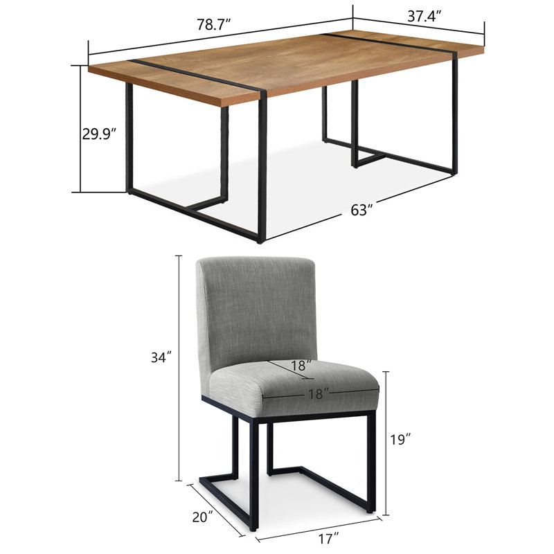 7-Piece Modern Rectangular Dining Table Set For 6 With Upholstered Dining Chairs, Gray