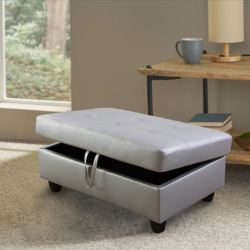 Faux Leather Upholstered Storage Bench, Silver White
